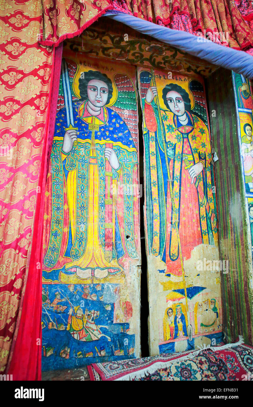 Archangels, painting. Old cathedral of St. Mary of Zion, Axum, Tigray region, Ethiopia Stock Photo