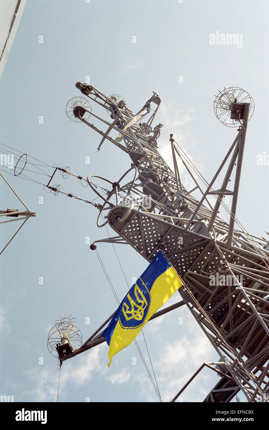 Ukrainian flag on the mast of the frigate Hetman Sahaidachny Stock