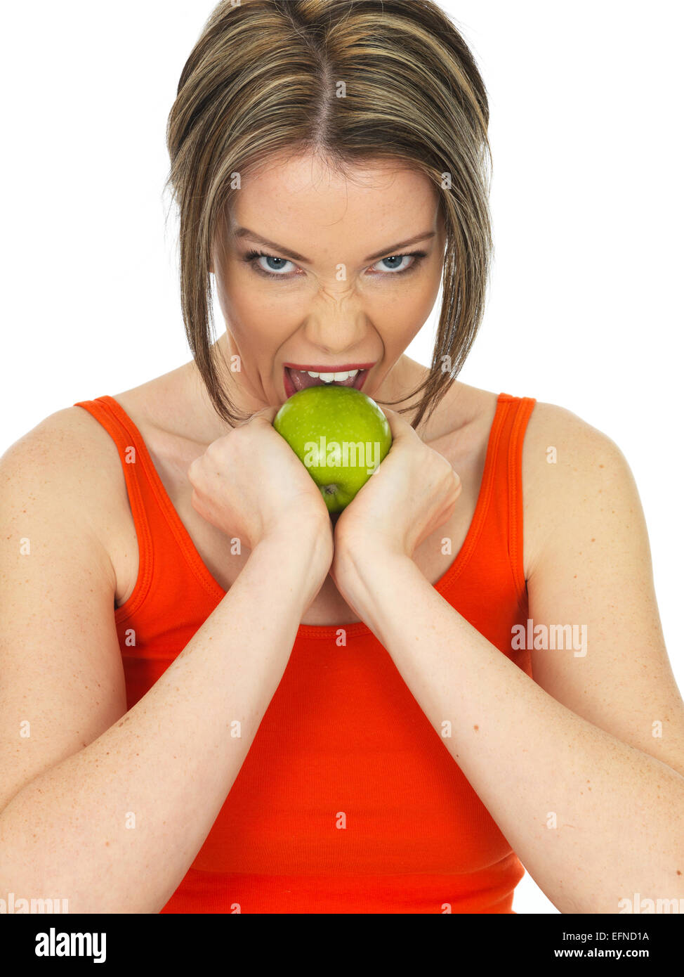 Young Healthy Woman Holding a Fresh Ripe Green Apple Stock Photo - Alamy