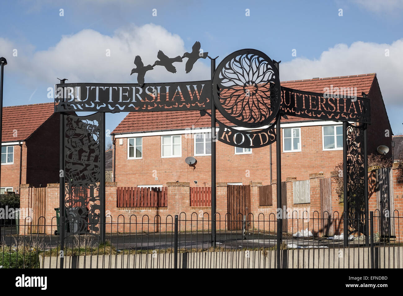 Buttershaw Estate, Bradford, West Yorkshire. Wrought Iron sign at one of the entrances to the large local authority 1950's council housing estate. Stock Photo