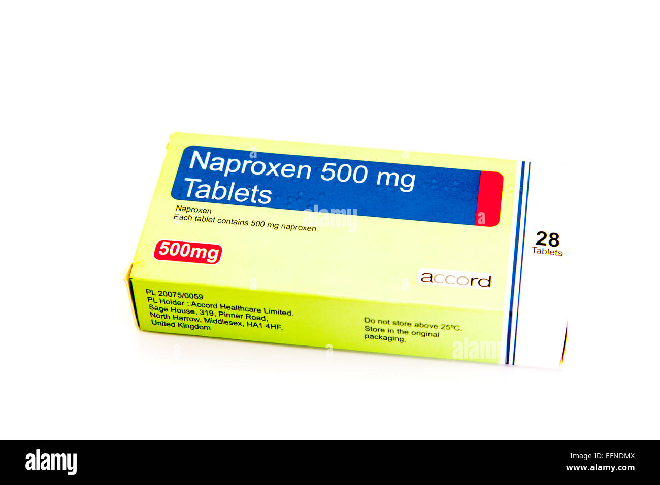Naproxen 500mg enteric coated tablets a non-steroidal anti-inflammatory drug (NSAID)  cut out white background copy space Stock Photo