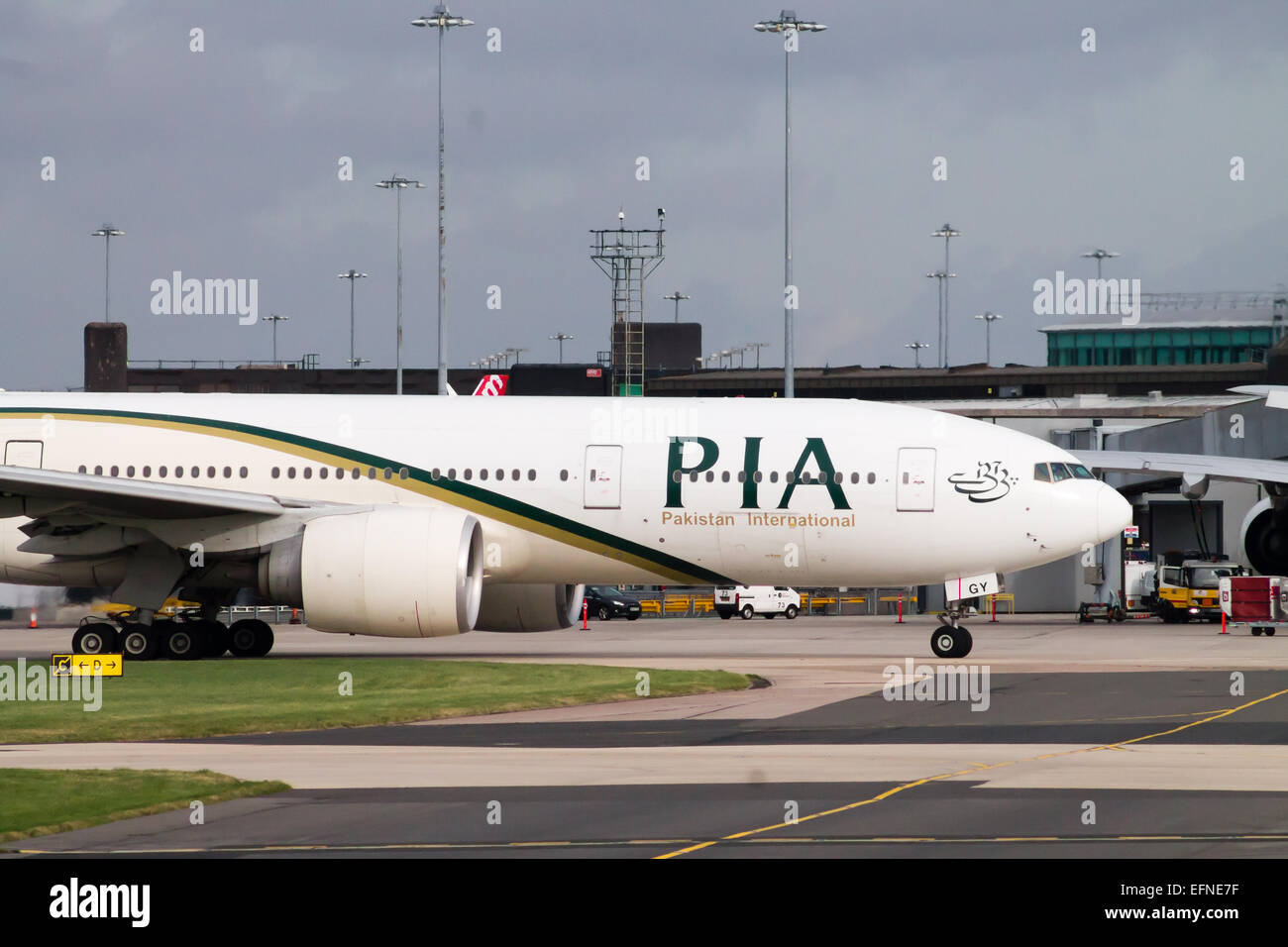 Pakistan International Airlines Boeing 777, taxiing on Manchester International Airport. Stock Photo