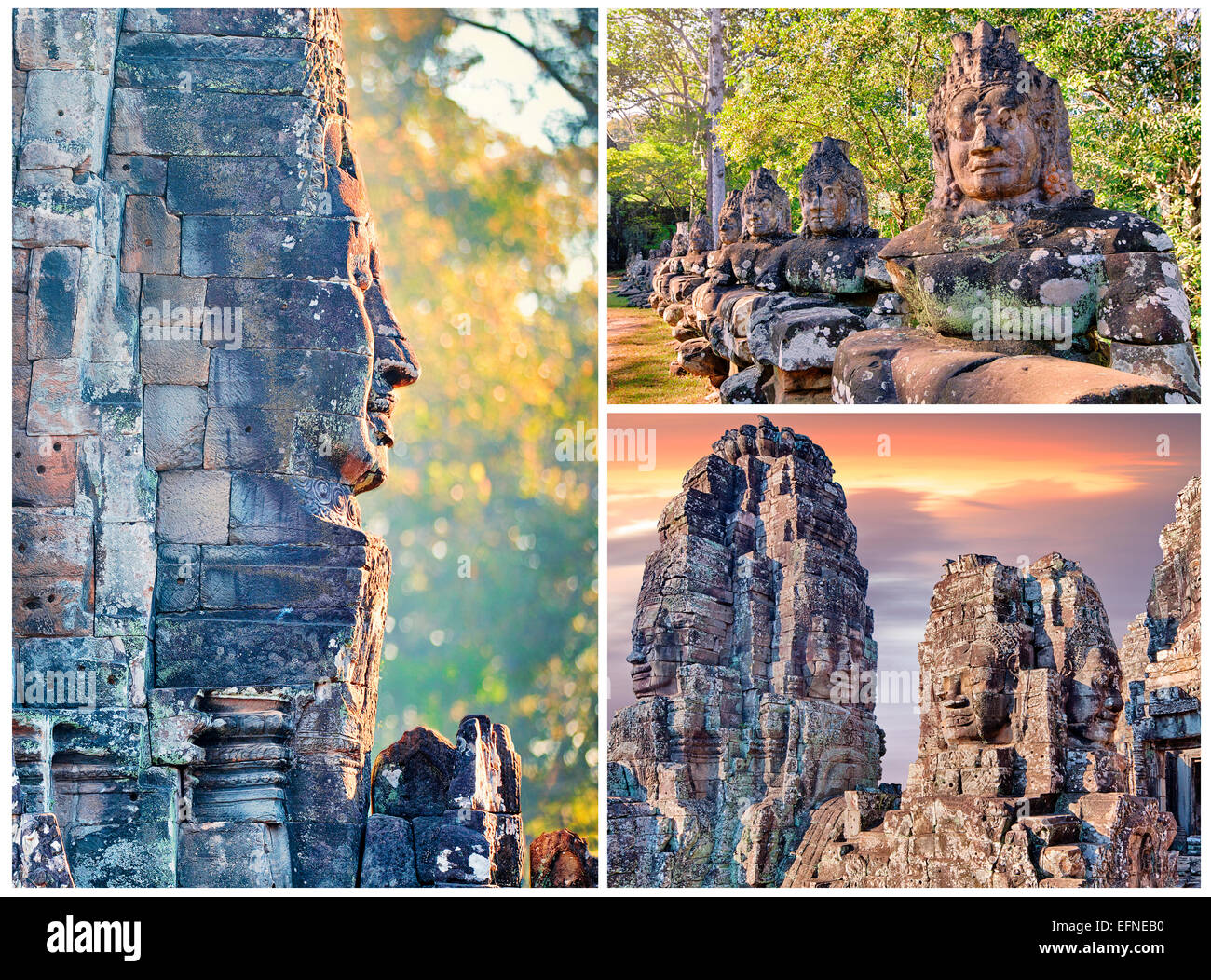 Ancient stone faces of Bayon temple, Angkor, collage Stock Photo