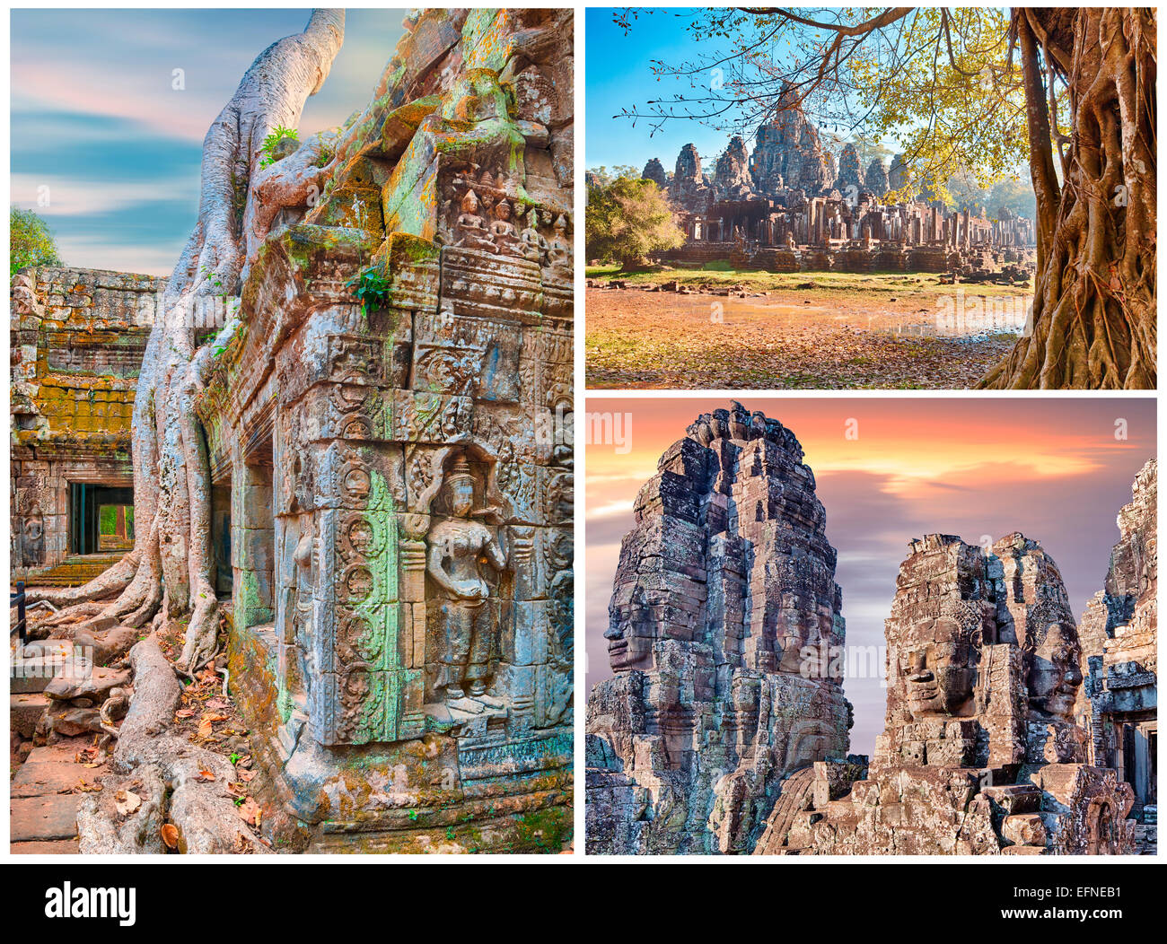 Ancient tree roots and stone statues, Angkor, collage Stock Photo