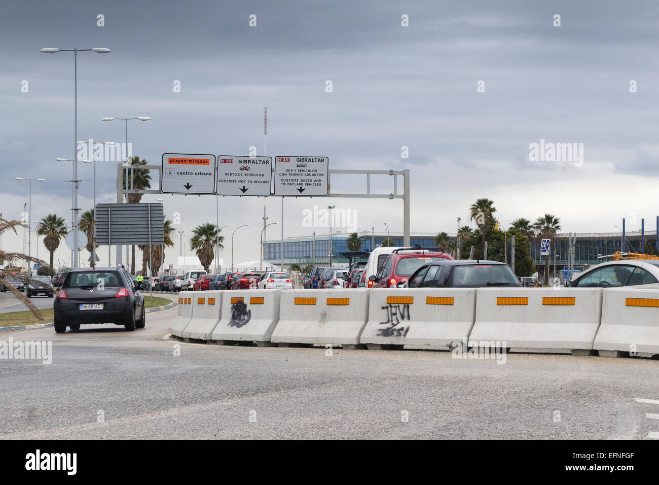 Cars queuing in front of border of Gibraltar to pass customs. La Linea, Spain. Stock Photo