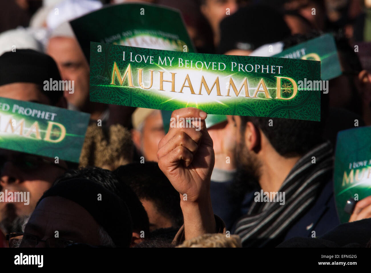 London, February 8th 2015. Muslims demonstrate outside Downing Street  to denounce the uncivilised expressionists reprinting of the cartoon image of the Holy Prophet Muhammad. Credit:  Paul Davey/Alamy Live News Stock Photo