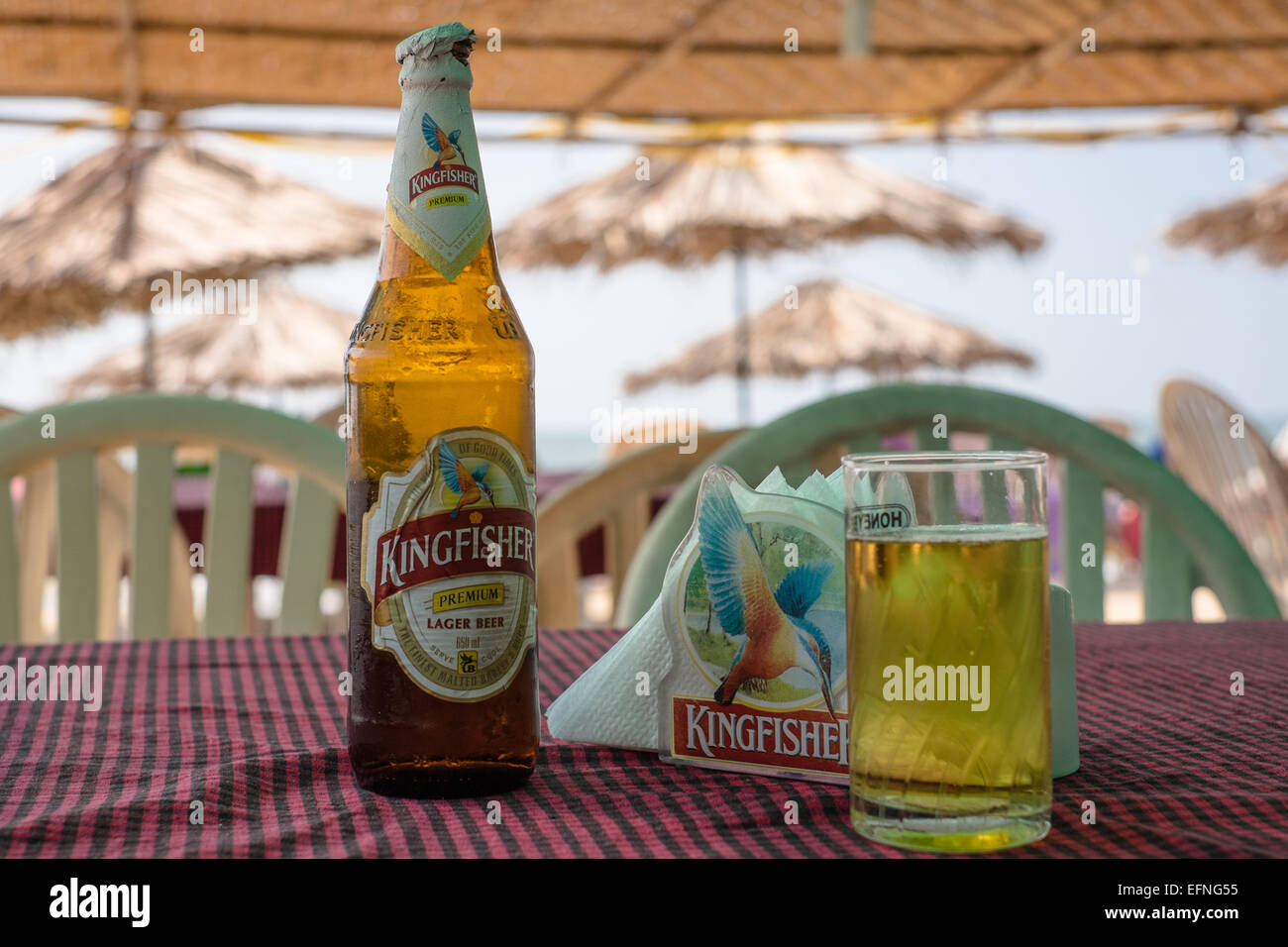 Kingfisher Beer, Beach Bar Restaurant, Majorda Beach, Goa, India Stock Photo