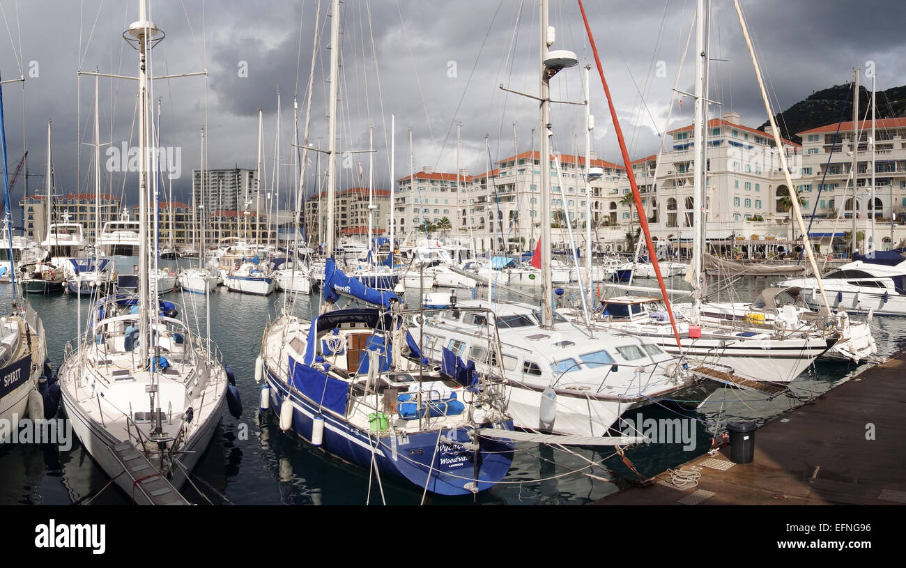 Gibraltar rock. Yachts and boats at Queensway Quay Marina, Gibraltar