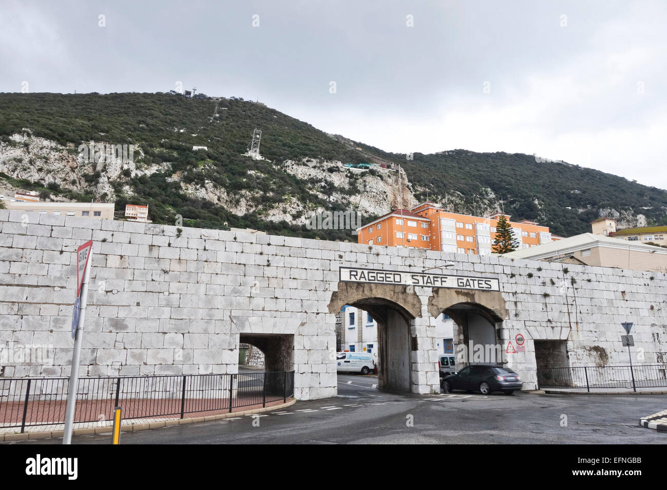 Ragged Staff Gates, gate through defensive wall, Gibraltar, overseas British territory, United Kingdom, UK Stock Photo