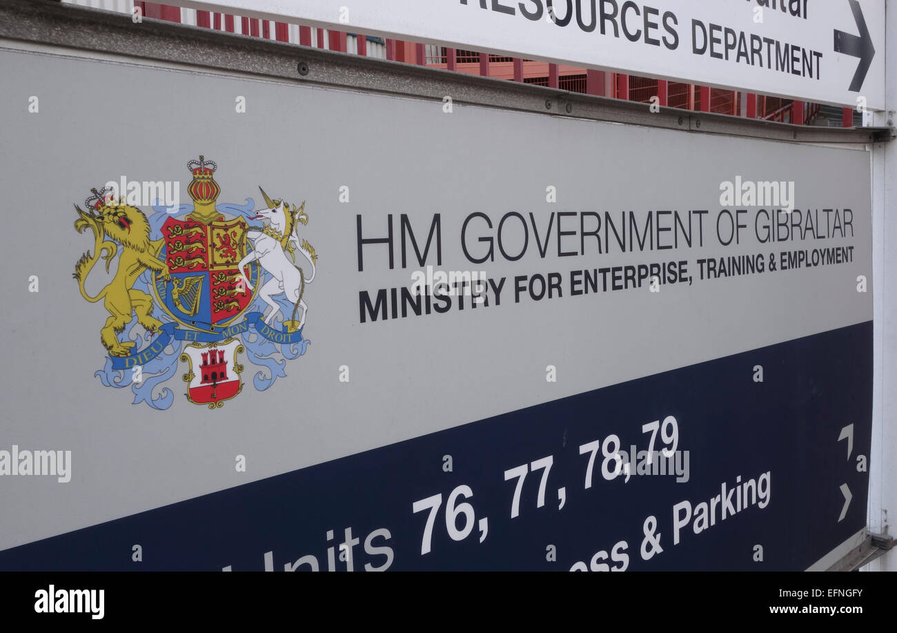 Sign ,Government of Gibraltar, Ministry for enterprise, Training and Employment, Gibraltar, overseas territory, United Kingdom. Stock Photo