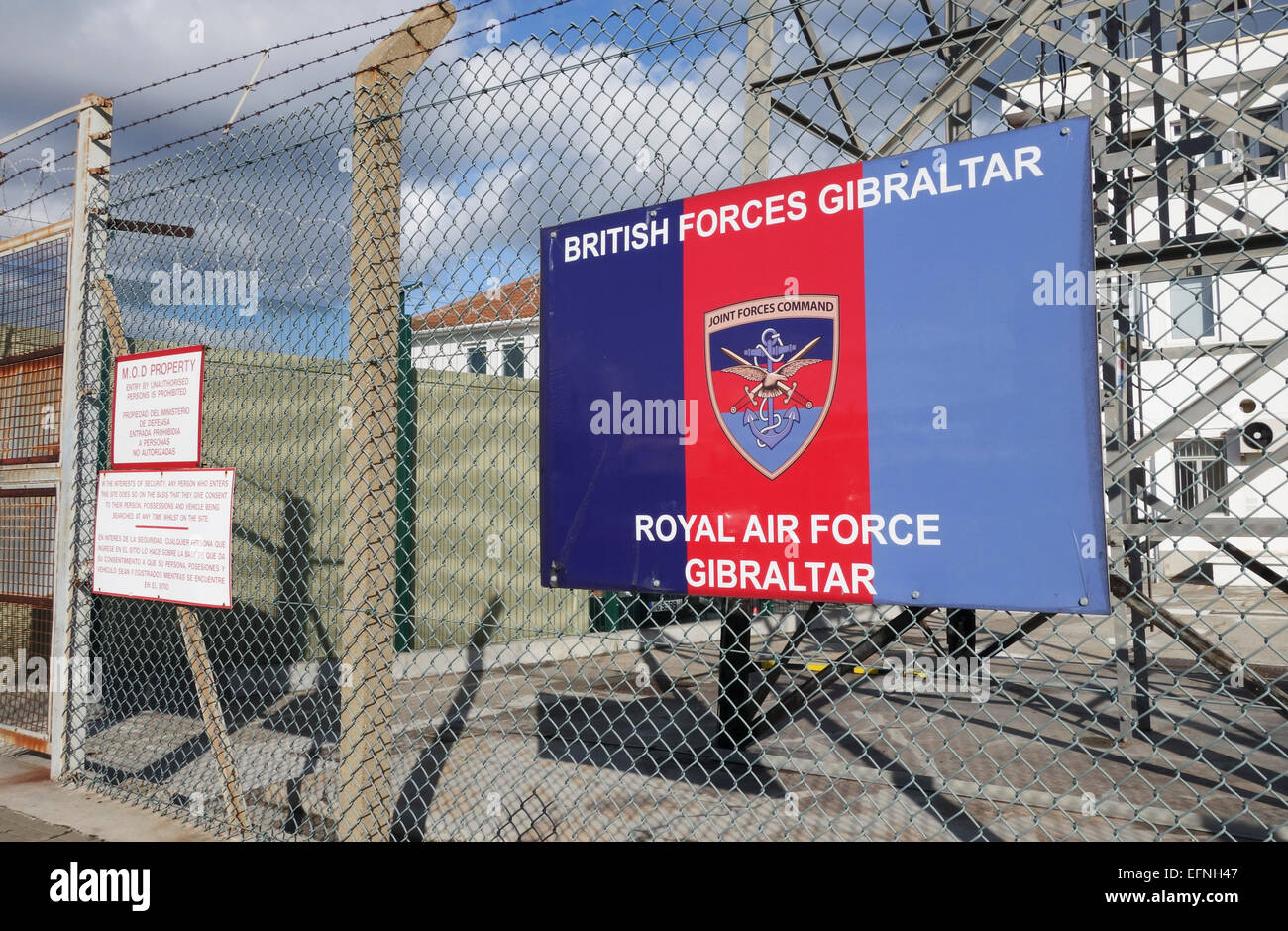 Sign showing the presence of Royal Air Force in Gibraltar, Airport. overseas territory, United Kingdom. Stock Photo