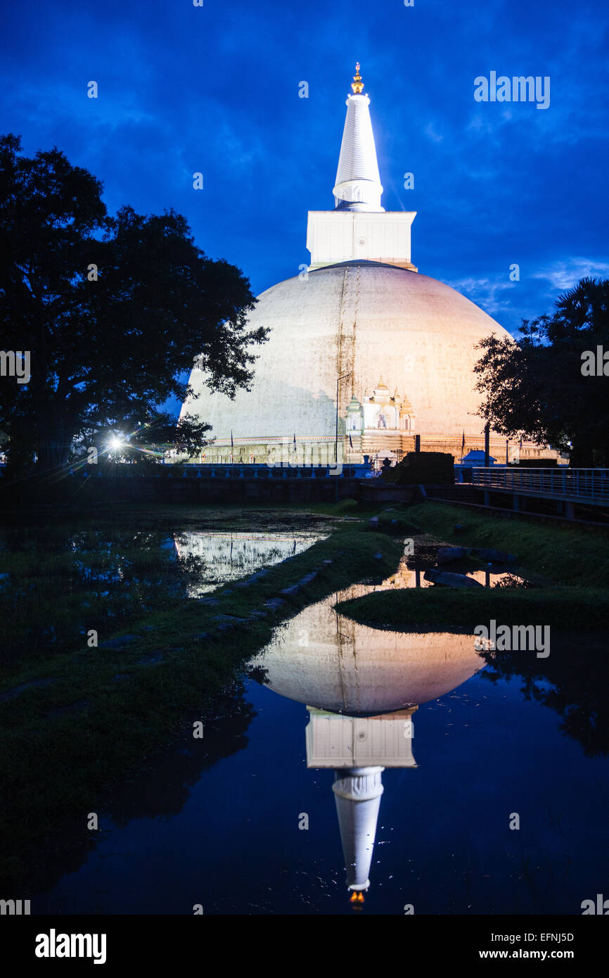 Reflection flood at night lit Ruwanwelisseya,Ruwanweli Maha Seya pagoda, Buddhist, temple Dagoba at Anuradhapura,Sri Lanka,Asia. Stock Photo