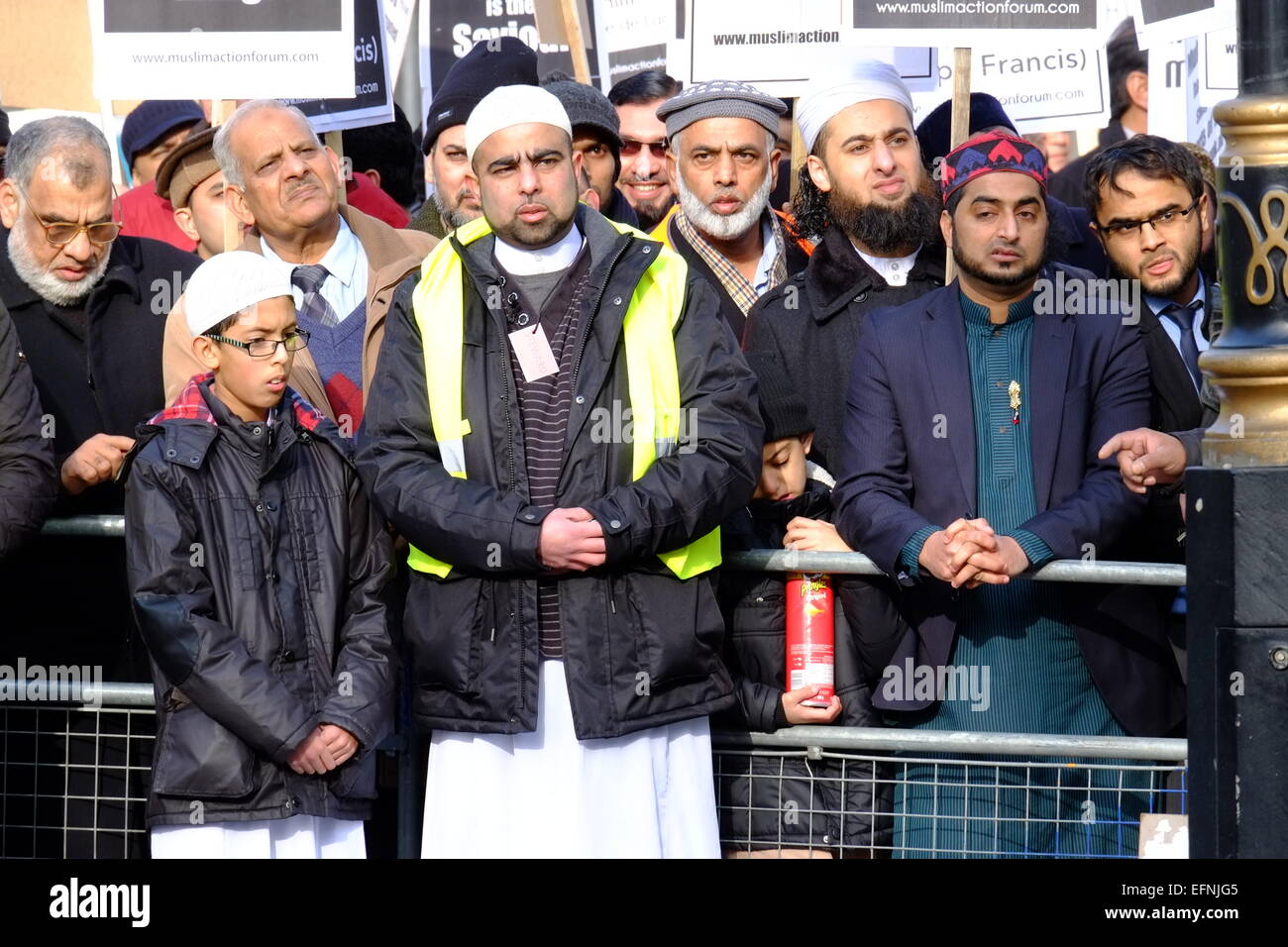 London, UK. 08th Feb, 2015. Hundreds of Muslims, mainly from the north of England, gathered on Whitehall to protest against depections of the prophet Muhammed. A small amount of counter protesters from Britain First and Edl also attended Credit:  Rachel Megawhat/Alamy Live News Stock Photo