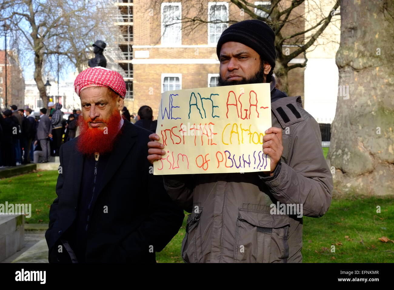 London, UK. 08th Feb, 2015. Hundreds of Muslims, mainly from the north of England, gathered on Whitehall to protest against depections of the prophet Muhammed. A small amount of counter protesters from Britain First and Edl also attended Credit:  Rachel Megawhat/Alamy Live News Stock Photo