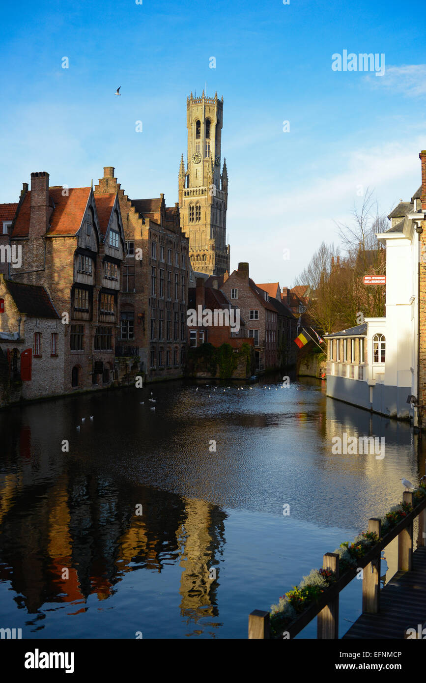 Famous Belfort Tower View With Dijver River Canal, Brugge, Belgium Stock Photo