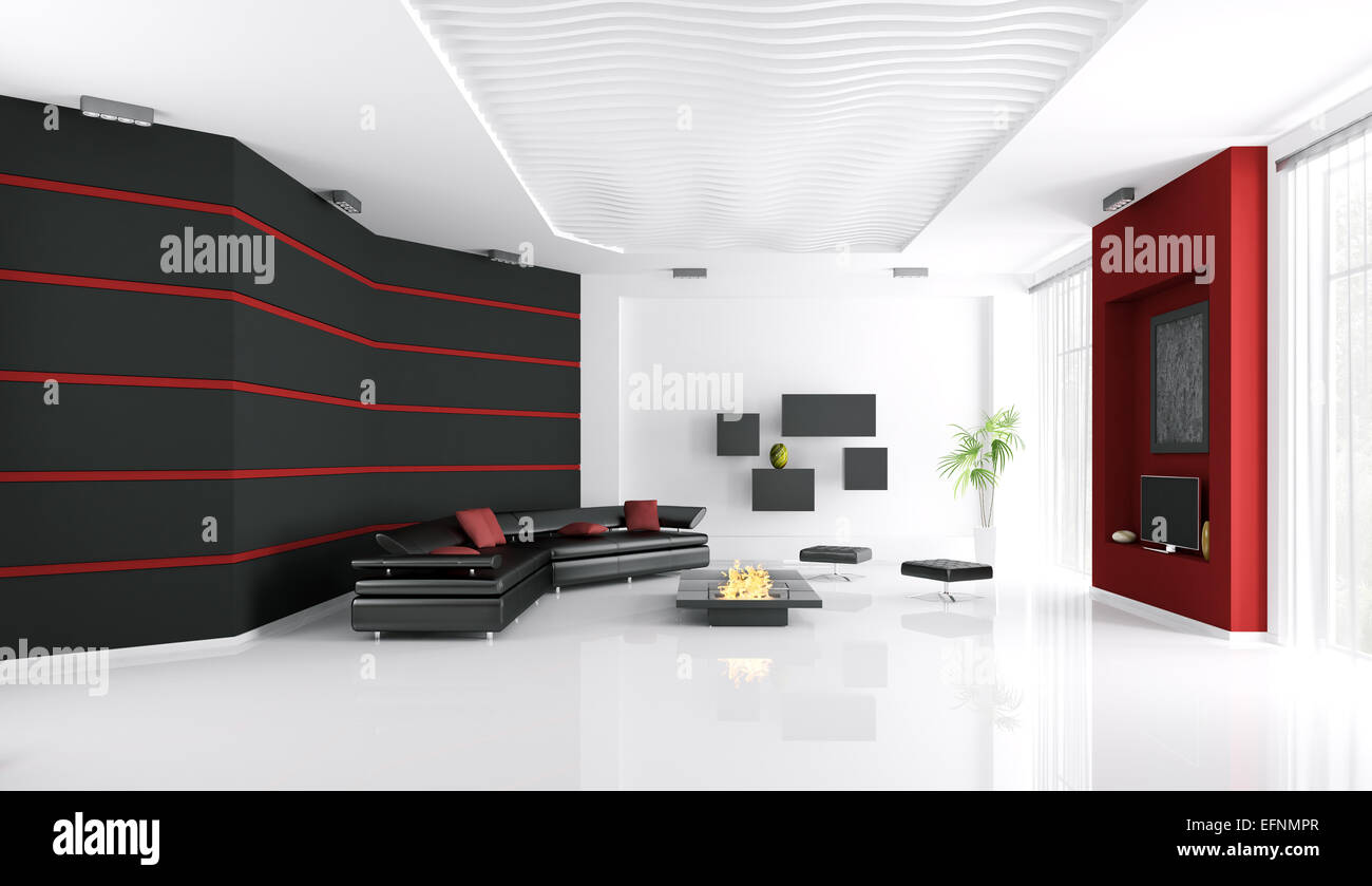 Interior of modern living room with sofa, fireplace and tv 3d render ...