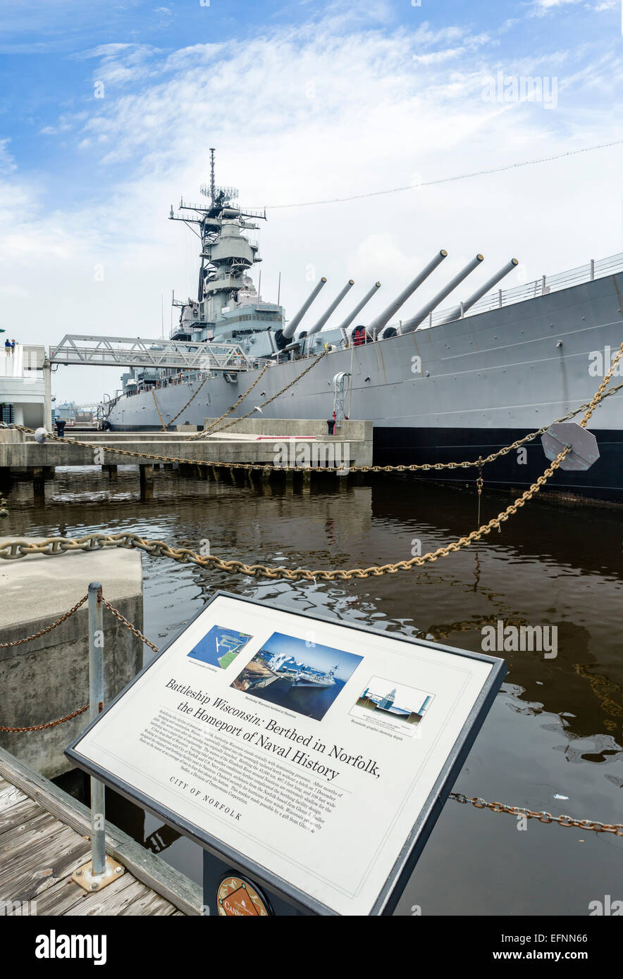 The decommissioned battleship USS Wisconsin (BB-64) at the Nauticus Museum, Norfolk, Virginia, USA Stock Photo