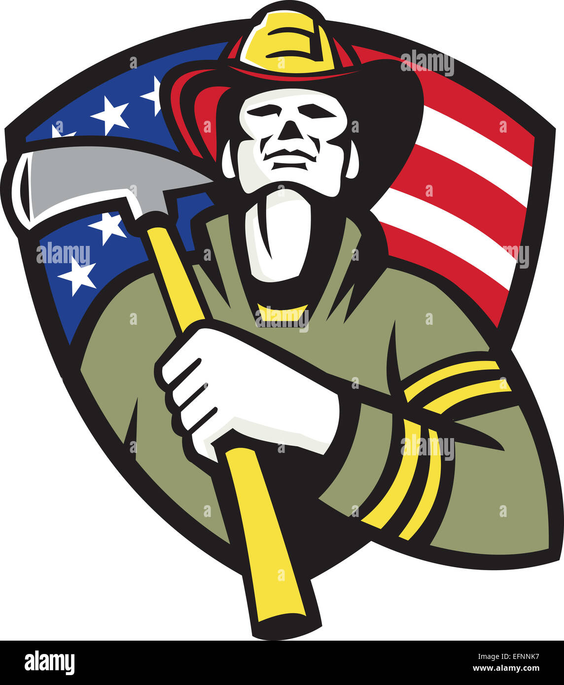 Illustration of an american fireman firefighter emergency worker holding a fire ax set inside shield with stars and stripes flag in the background done in retro style. Stock Photo