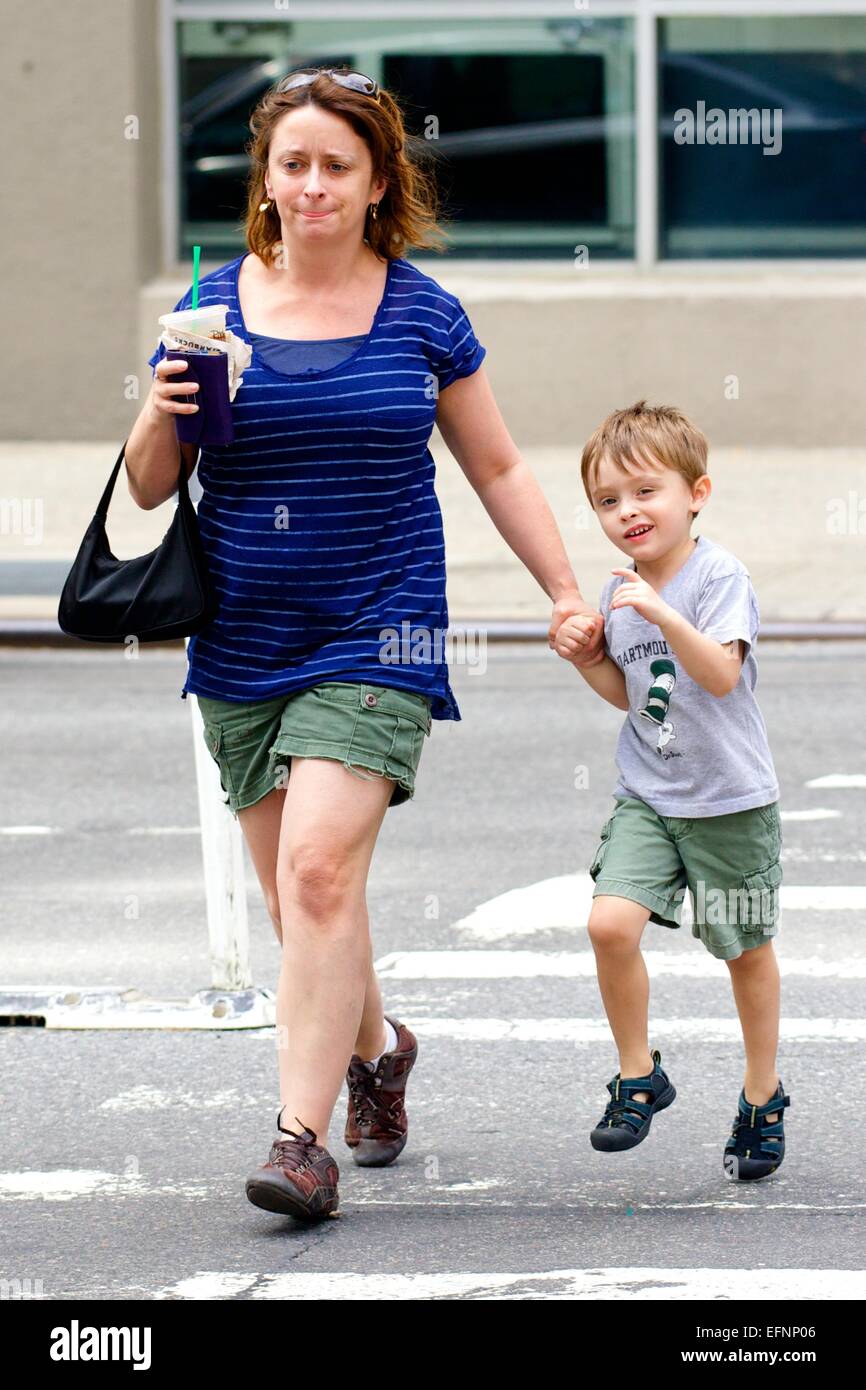 Rachel Dratch, carrying a Starbucks iced coffee, spotted with her son Eli  Benjamin walking around Soho in New York City Featuring: Rachel Dratch,Eli  Benjamin Wahl Where: New York City, New York, United
