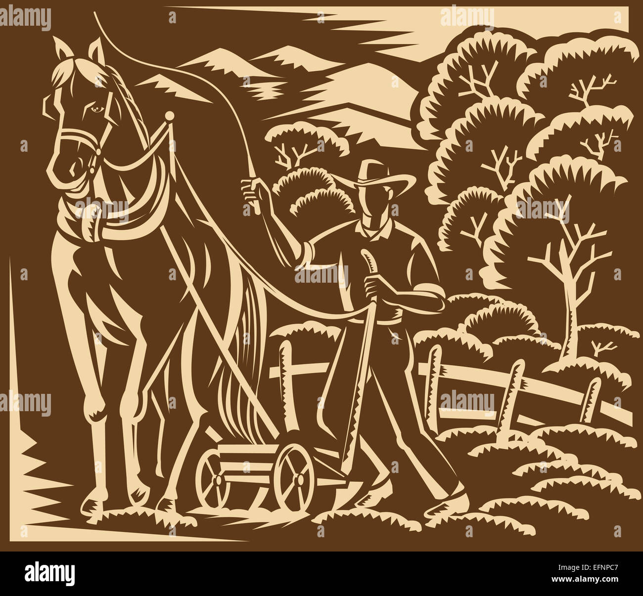 Illustration Of A Farmer And Horse Farming Plowing Farm Field With   Illustration Of A Farmer And Horse Farming Plowing Farm Field With EFNPC7 