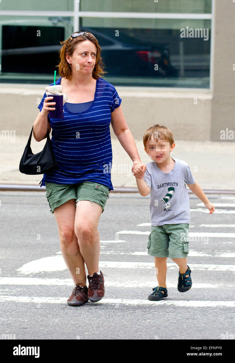 Rachel Dratch, carrying a Starbucks iced coffee, spotted with her son