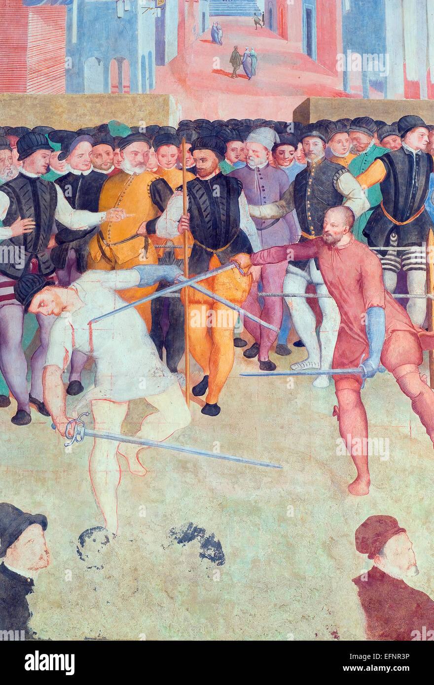 "Duel between Ascanio della Corgna and Giannetto Taddei" by Niccolò Circignani (the Pomarancio), Palazzo della Corgna, Castiglione del Lago,Umbria,IT Stock Photo