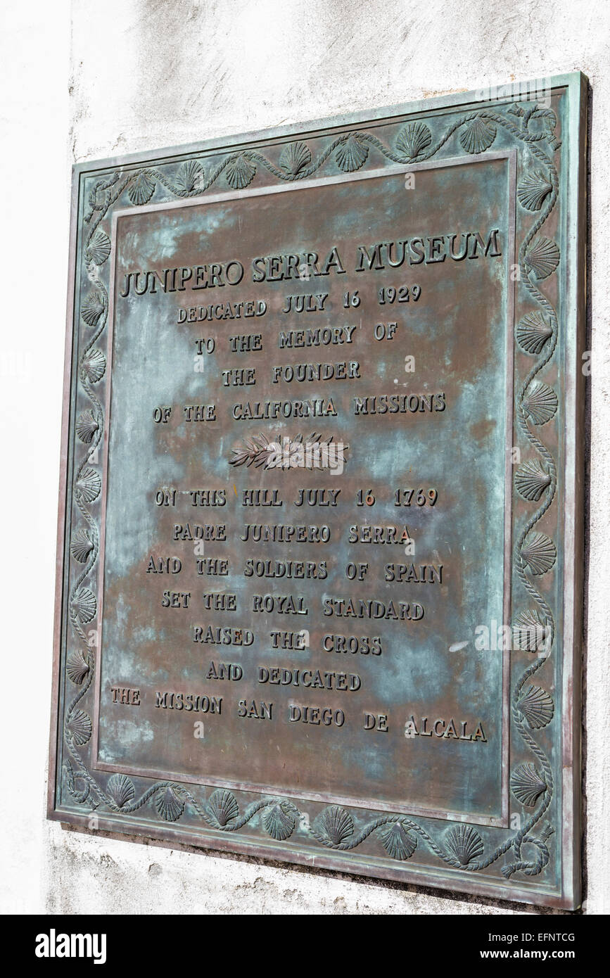 Dedication plaque for the Junipero Serra Museum. San Diego, California, United States. Stock Photo
