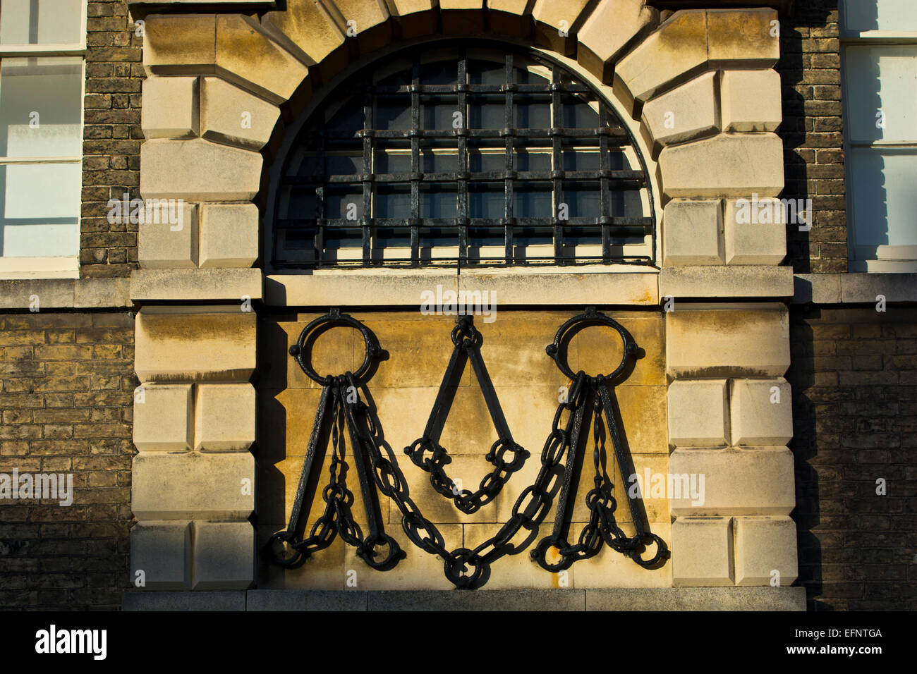 Iron Manacles and chains over entrance to Old Gaol House Stock Photo