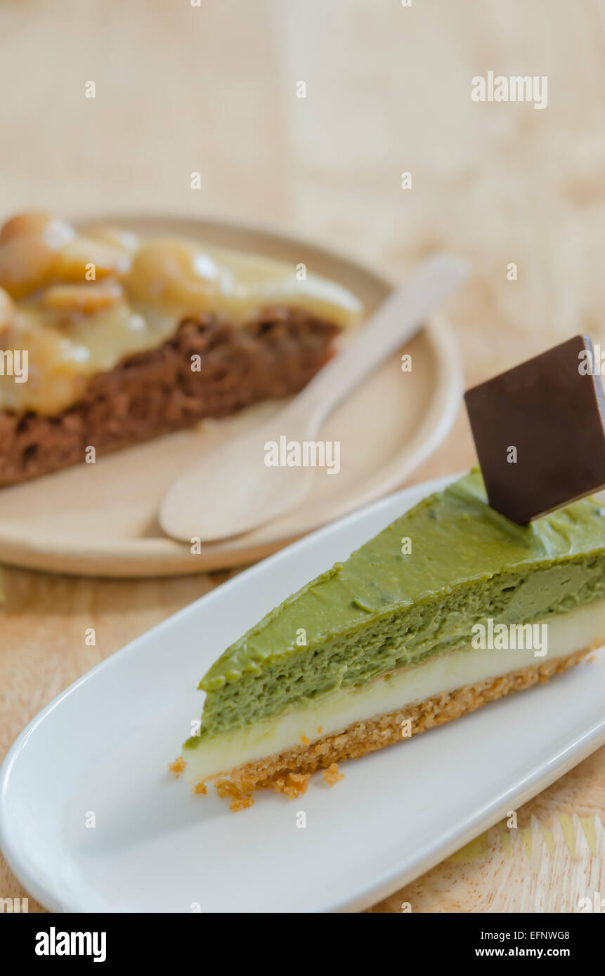 green tea ( Matcha ) cheese cake with chocolate Stock Photo