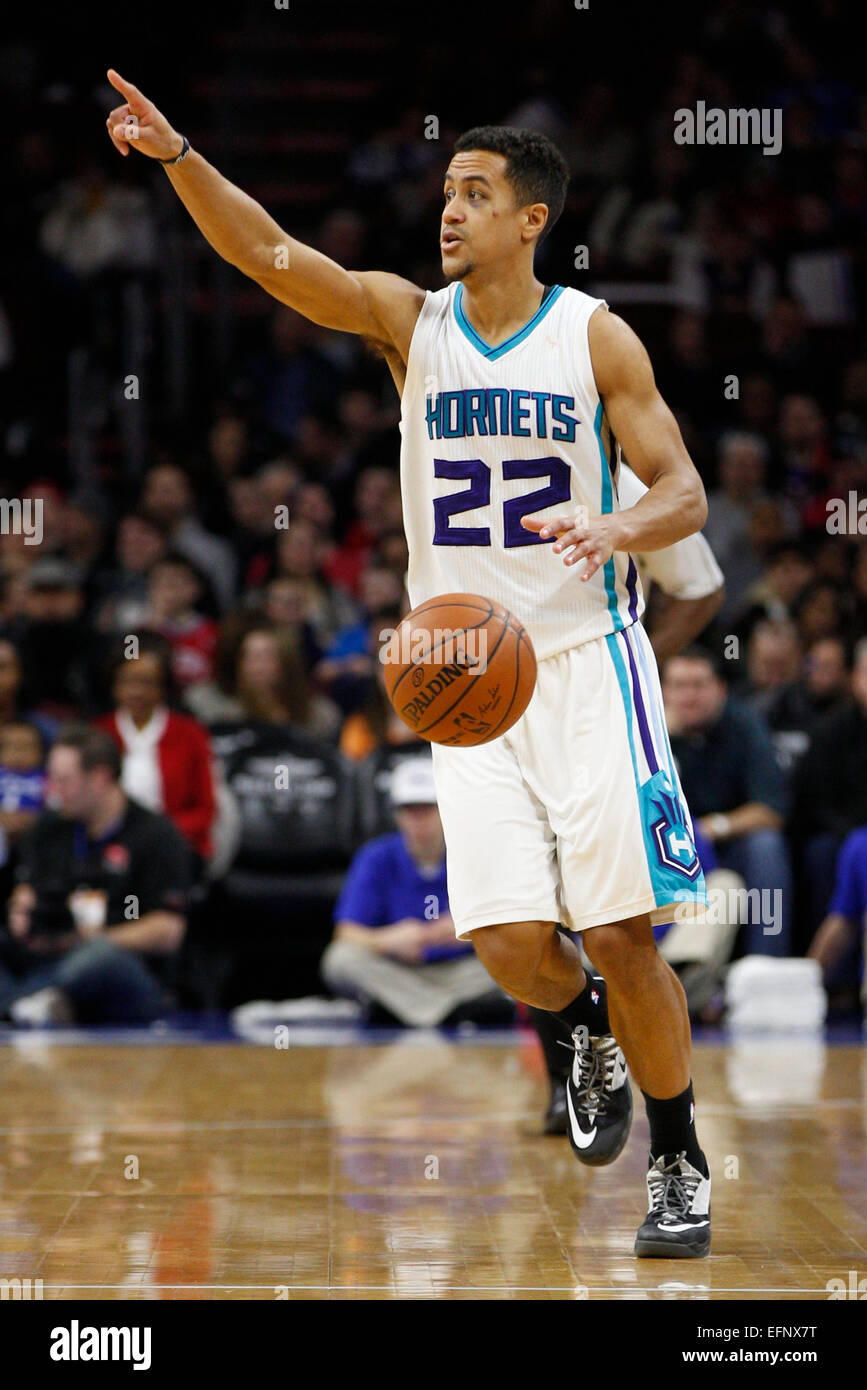February 7, 2015: Charlotte Hornets guard Brian Roberts (22) in action  during the NBA game between the Charlotte Hornets and the Philadelphia  76ers at the Wells Fargo Center in Philadelphia, Pennsylvania. The