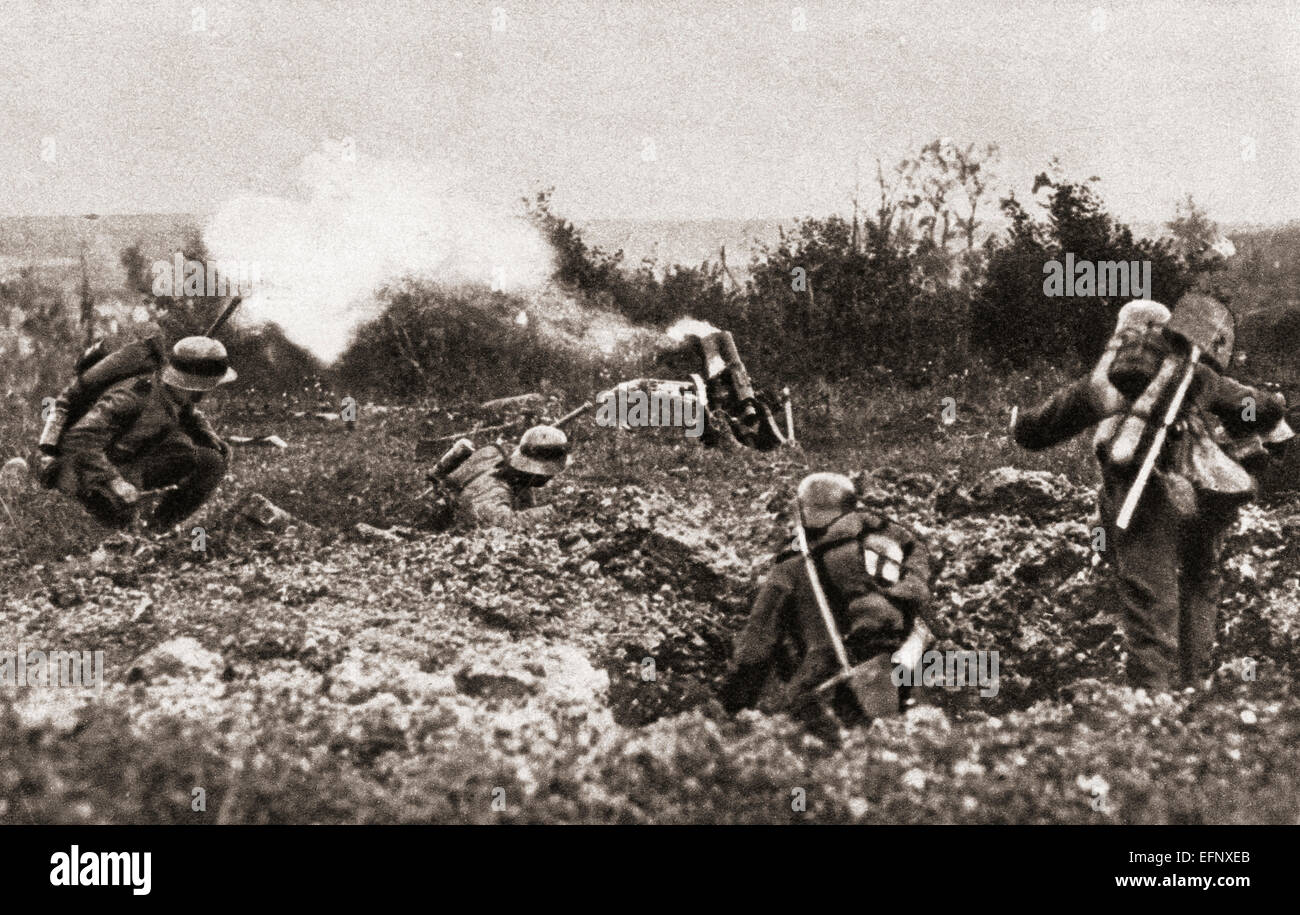 German soldiers using a Minenwerfer  or mine launcher in no man's land during World War One. Stock Photo