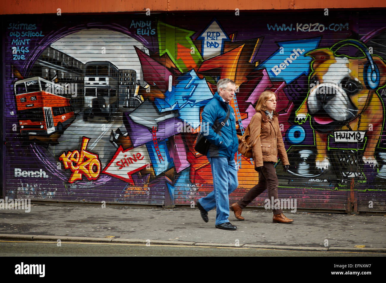 Northern Quarter Manchester Uk. Graffiti by Manchester artist Kelzo in the Stevenson Square area Stock Photo
