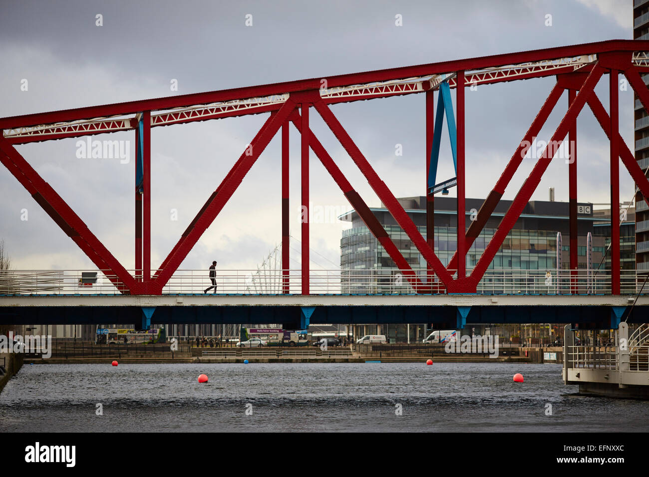 Detroit Bridge, Salford Quays swing bridge (now fixed) previously spanned the Manchester Ship Canal near  Trafford Road Bridge Stock Photo