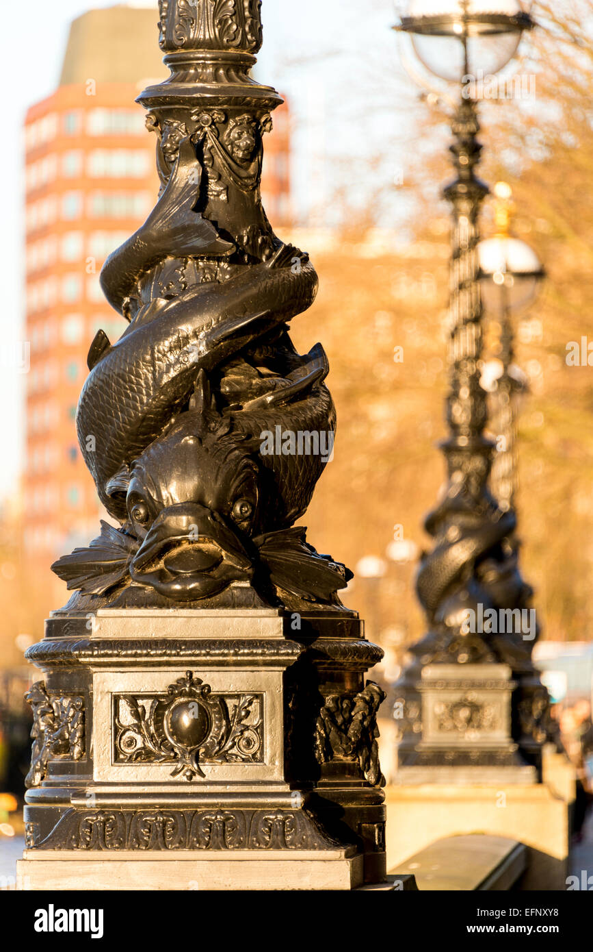 On the South Bank of the River Thames street lamps have a sturgeon at the base but are widely known as Dolphin Lampposts Stock Photo