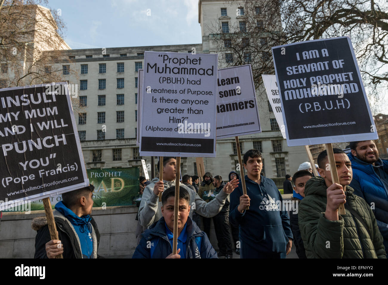 British Muslims protest in London against Charlie Hebdo cartoons Stock Photo