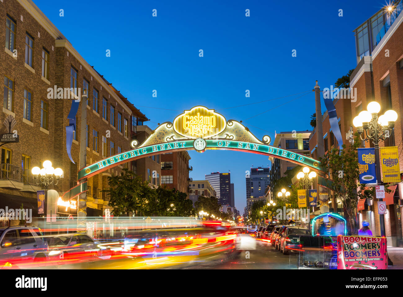 The Gaslamp Quarter sign illuminated at night. Looking down 5th Avenue. San Diego, California, United States. Stock Photo