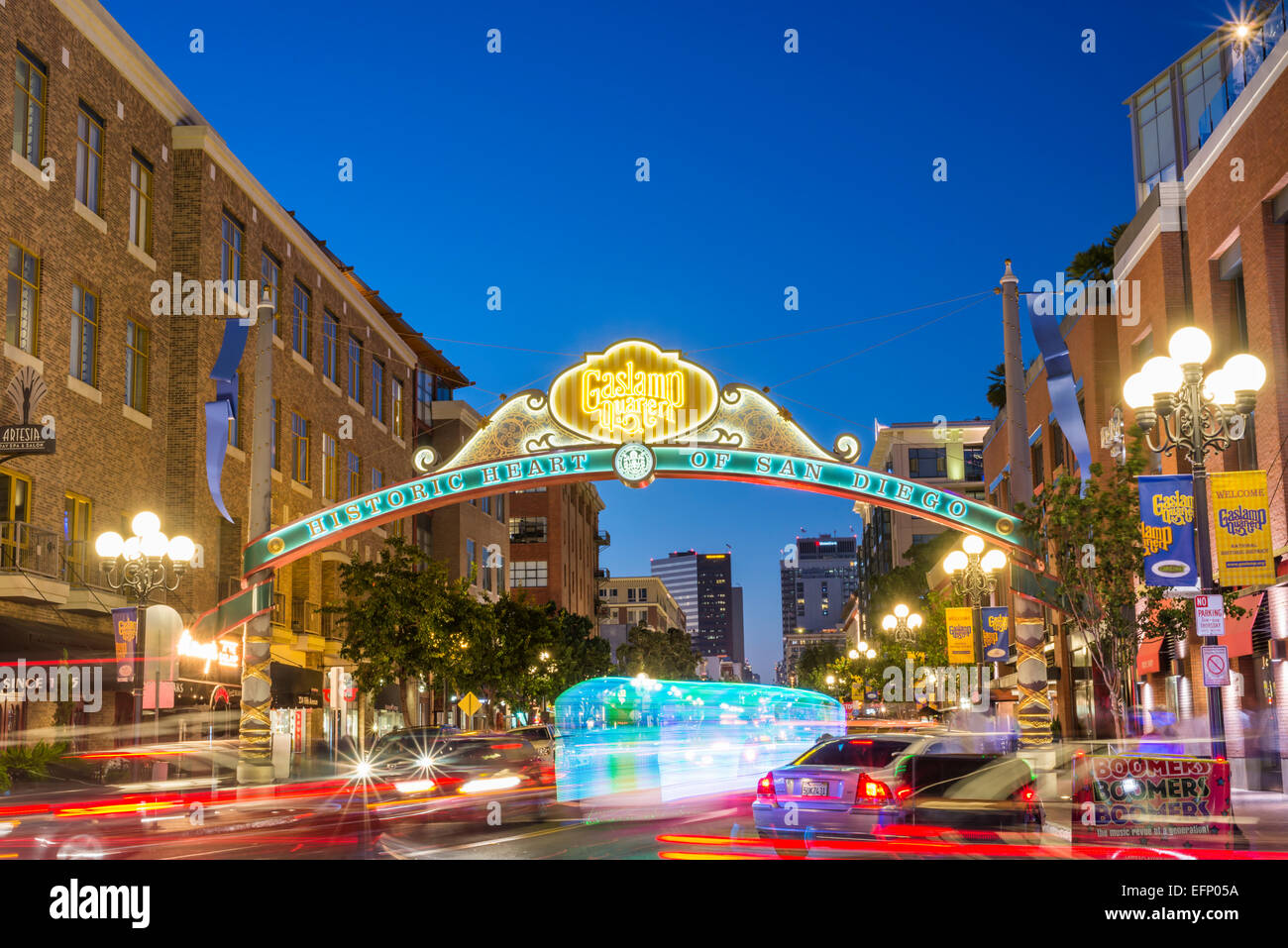 The Gaslamp Quarter sign illuminated at night. Looking down 5th Avenue. San Diego, California, United States. Stock Photo