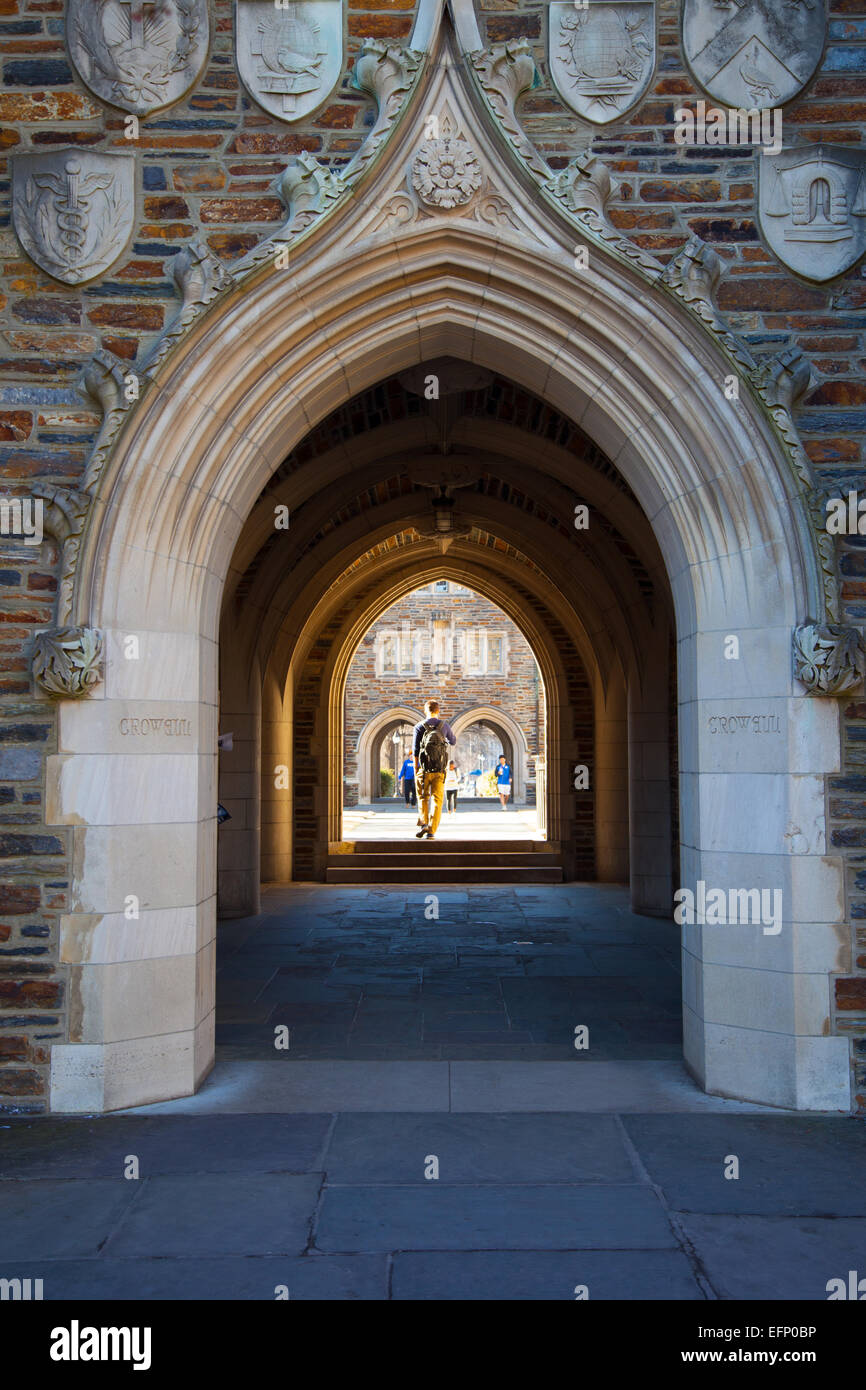 Looking through passages with arches on the Duke University campus. Stock Photo