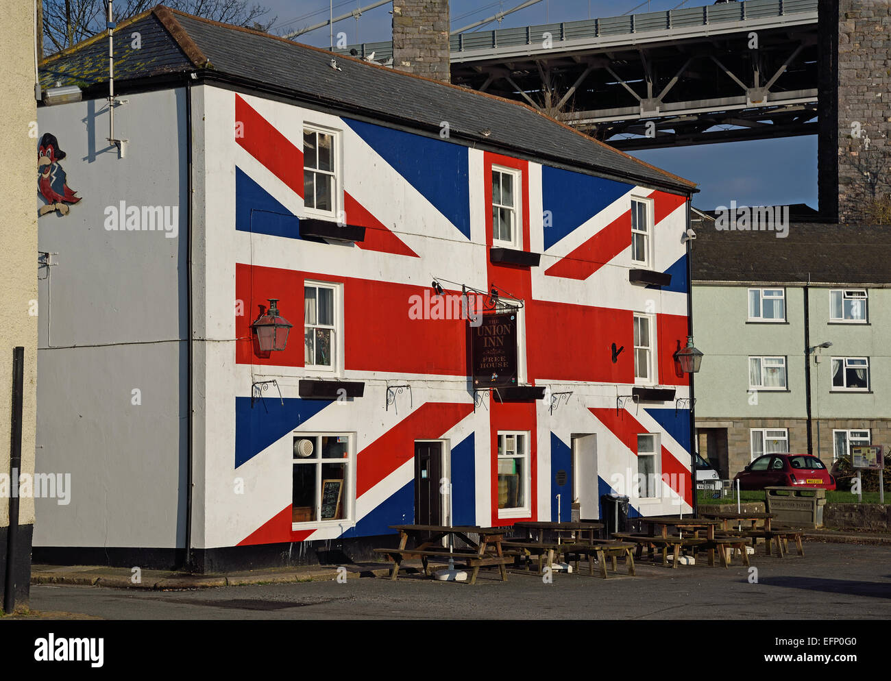 The Union Inn at Saltash, Cornwall , UK celebrates its name through its Union Flag decoration. Stock Photo