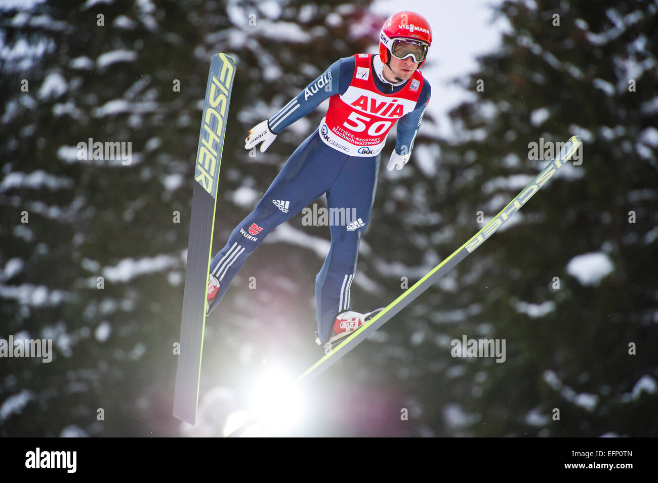 Titisee, Germany. 8th February, 2015. Markus Eisenbichler (GER) in flight  during the Large Hill Individual competition on day two of the FIS Ski  Jumping World Cup on February 8, 2015 in Titisee,