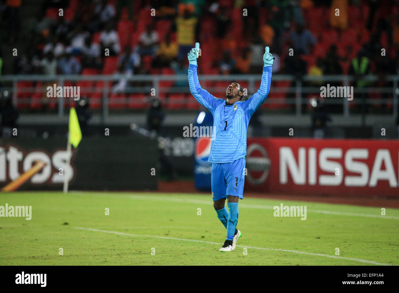 Bata, Equatorial Guinea. 8th Feb, 2015. Boubacar Barry, goalkeeper of Cote d'Ivoire, reacts during the penalty kicks of the final match of Africa Cup of Nations between Ghana and Cote d'Ivoire in Bata, Equatorial Guinea, Feb. 8, 2015. Cote d'Ivoire defeated Ghana by 9-8 after the extra time and penalty kicks and claimed the title. Credit:  Meng Chenguang/Xinhua/Alamy Live News Stock Photo
