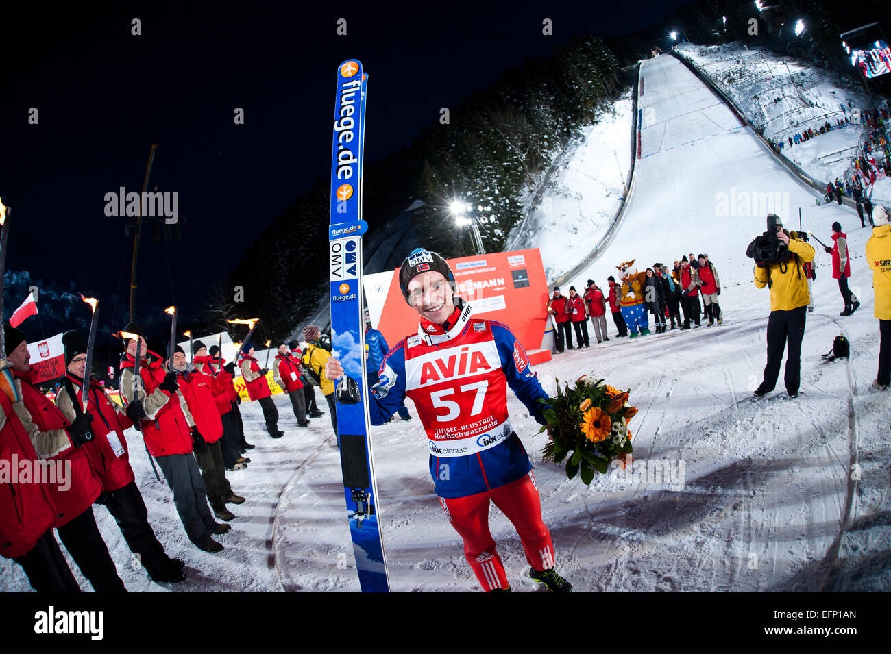 Titisee, Germany. 8th February, 2015. Anders Fannemel (NOR) after winning at the Large Hill Individual competition on day two of the FIS Ski Jumping World Cup in on February 8, 2015 Titisee, Germany. Credit:  Miroslav Dakov/Alamy Live News Stock Photo