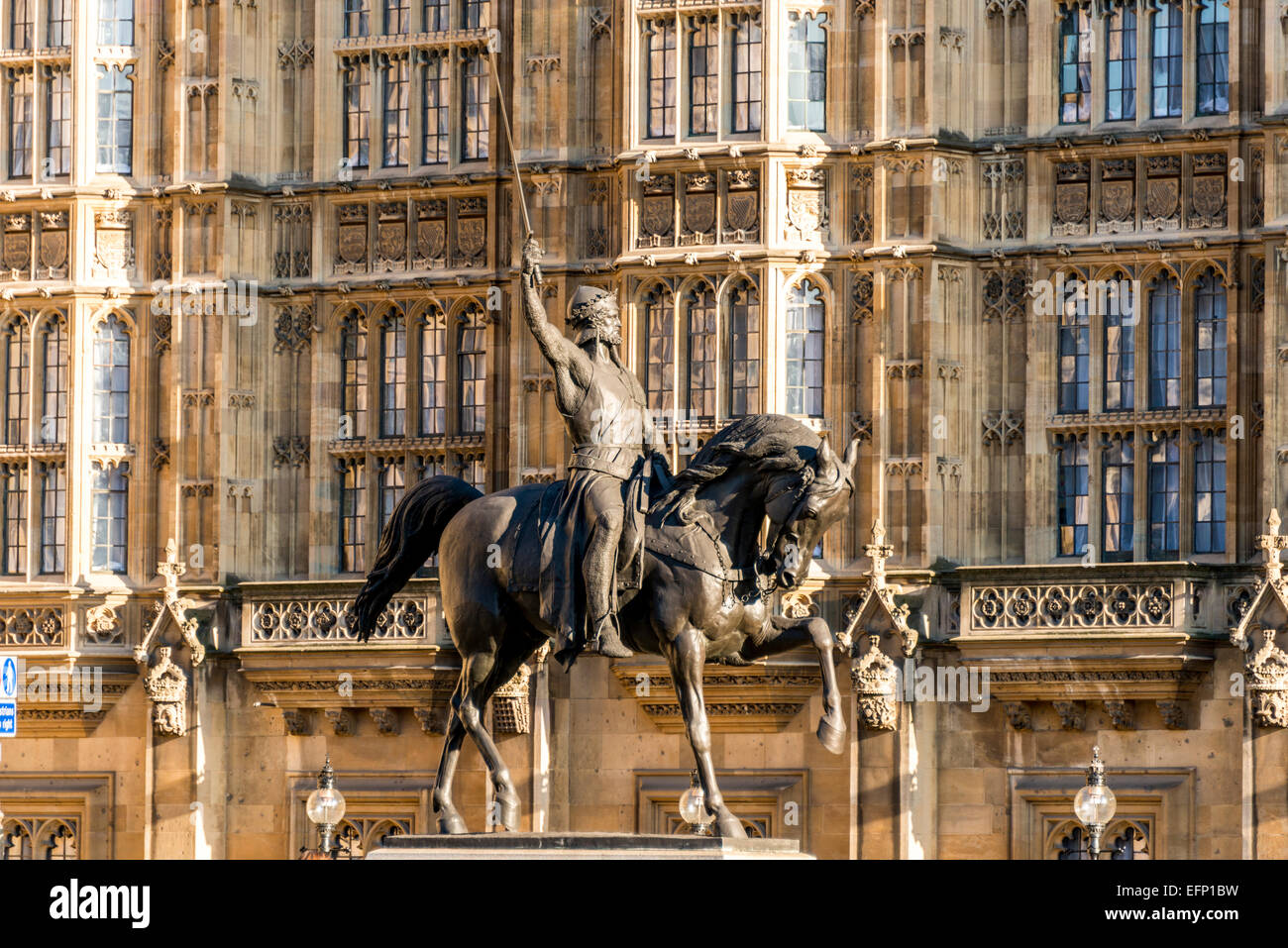 Richard Coeur de Lion is an equestrian statue of 12th-century English monarch, King Richard I of England, Richard the Lionheart Stock Photo