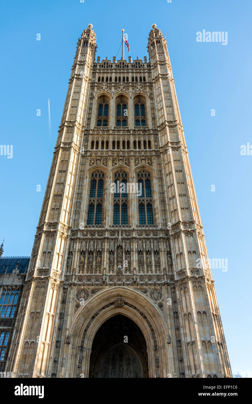 The Victoria Tower is the square tower at the south-west end of the Palace of Westminster in London Stock Photo