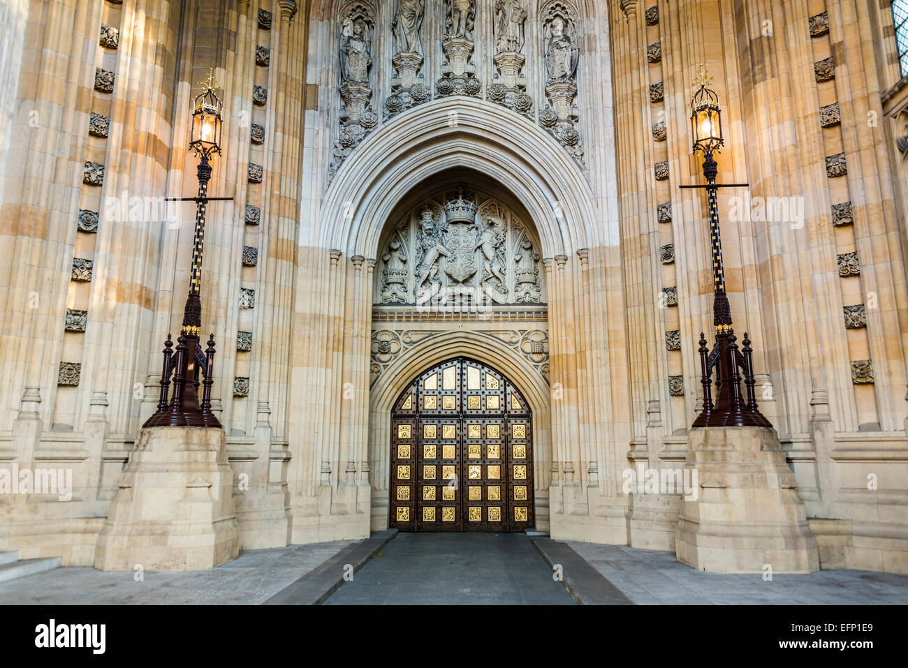 The main entrance to Victoria Tower at the Houses of Parliament is known as the Sovereign's Entrance Stock Photo