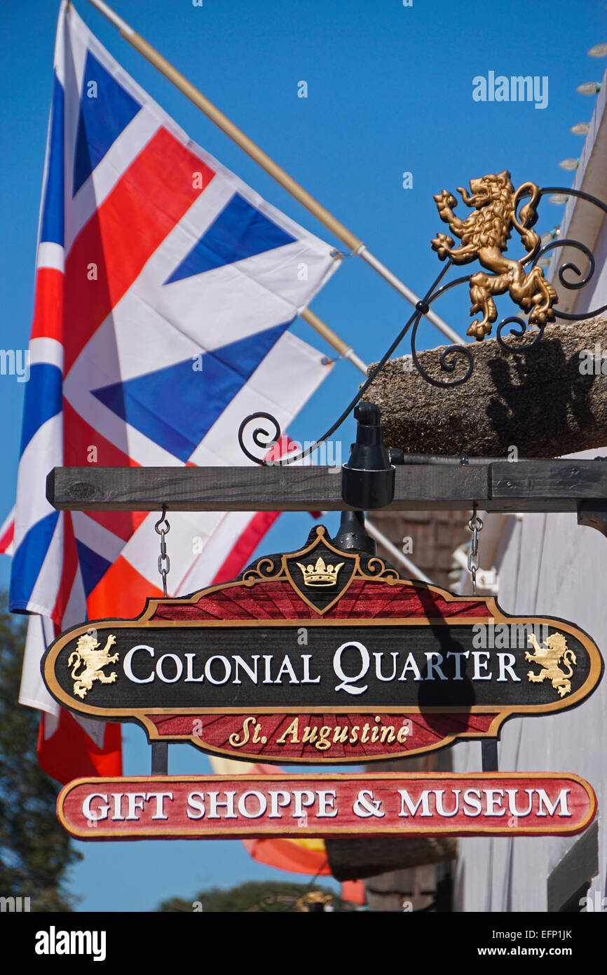 Colonial Quarter sign for a gift shoppe & museum in old town St. Augustine, Florida. Stock Photo