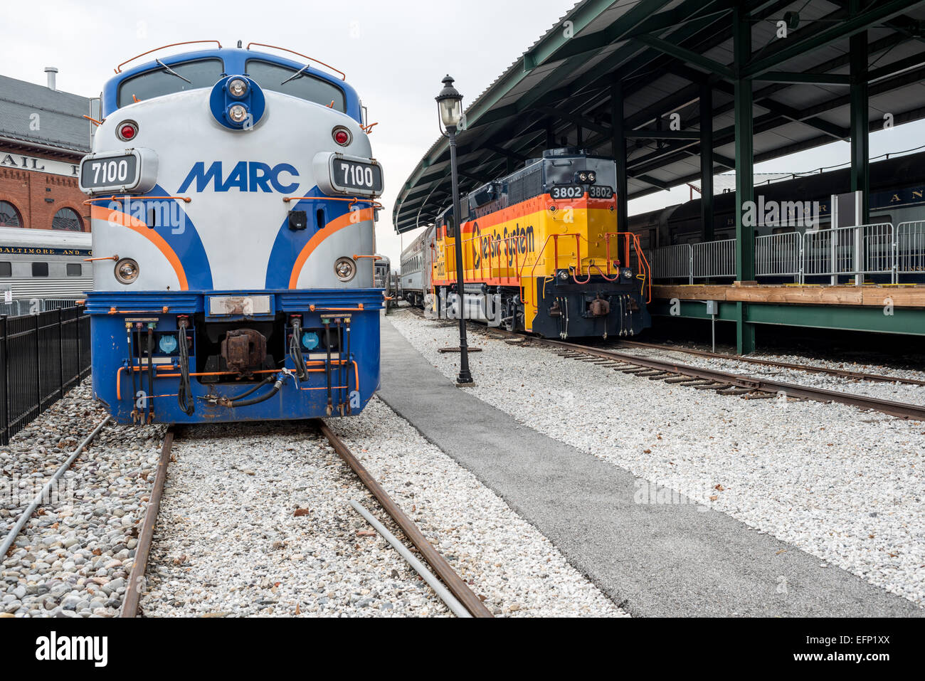 A modern MARC train on display at the B&O Railroad Museum. The B&O