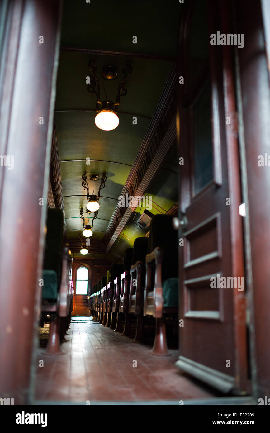BALTIMORE, Maryland - The interior of a passenger train at the B&O Railroad Museum. The B&O Railroad Museum in Mount Clare in Baltimore, Maryland, has the largest collection of 19th-century locomotives in the United States. Stock Photo