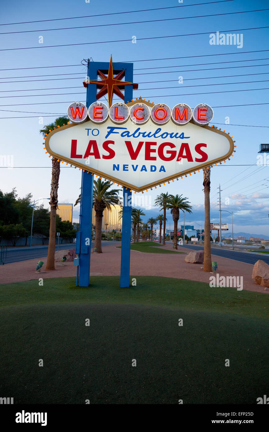 The 'Welcome to Fabulous Las Vegas' Neon sign with a sky blue background Stock Photo