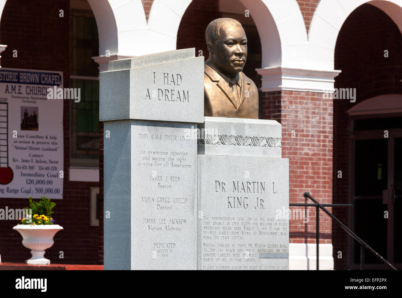 Monument for Martin Luther King in front of Brown Chapel African Methodist Episcopal Church AME A.M.E. Church in Selma, Alabama Stock Photo